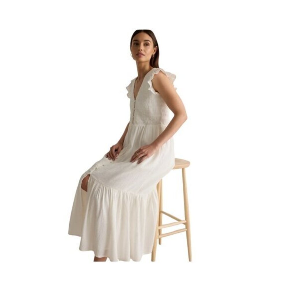 Quince Organic Textured Cotton Smocked V-Neck Midi Dress White S New Anthro